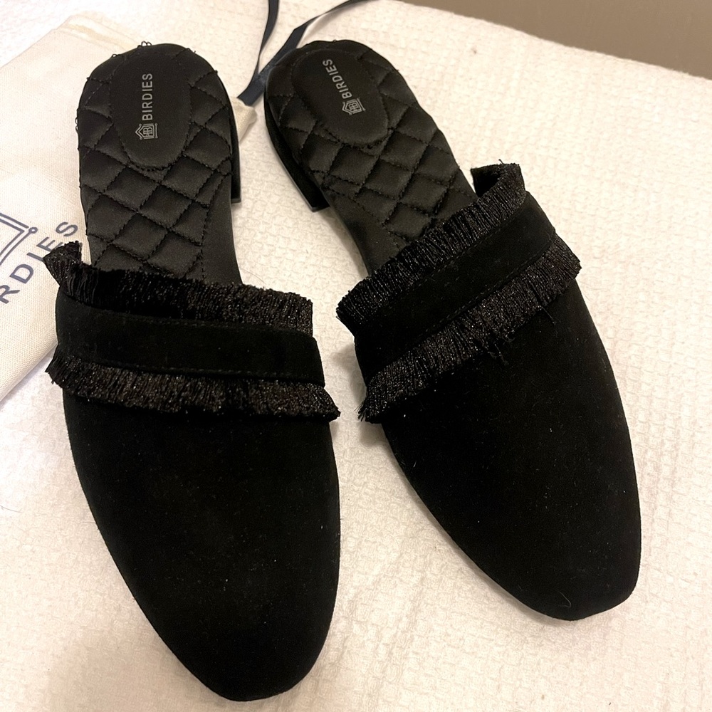 Birdies Black Quilted Mules with Fringe detail Size 10 NWOT Original bag.